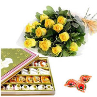 Assorted Sweets and Roses with Diyas to Vizag